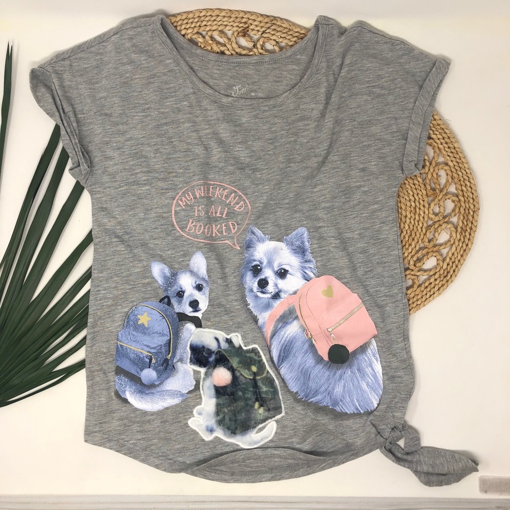 Justice Girls Dogs Front Tie Gray Short Sleeve Tee